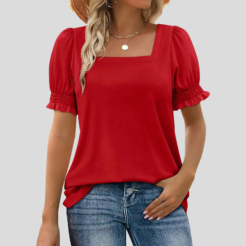 ⏳Begrænset tidsbegrænset sal🌸Kvinders firkantede halsudskæring Smocked ærmer T-shirt Casual Topi