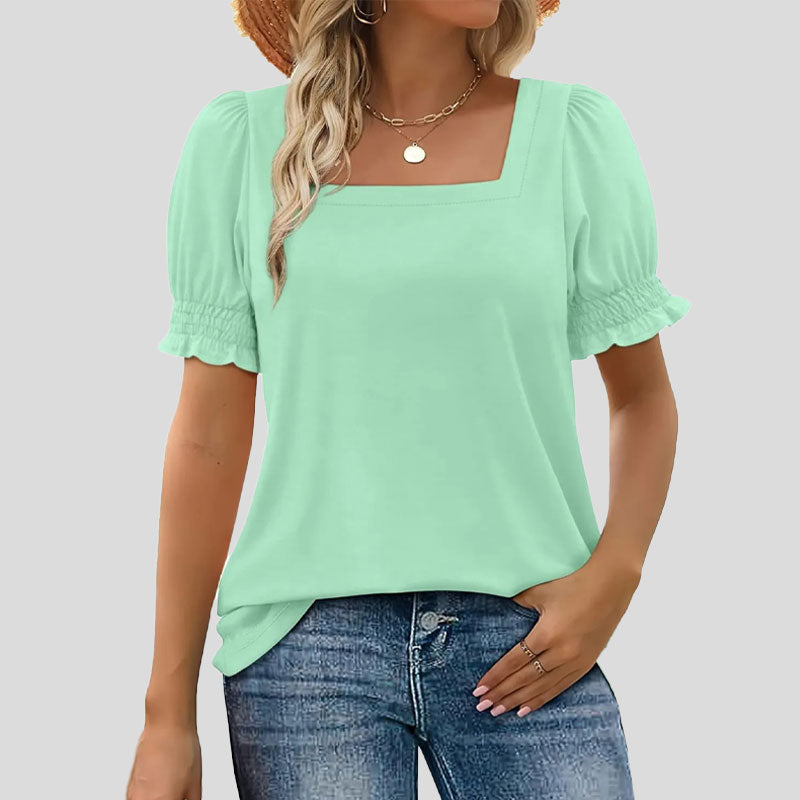 ⏳Begrænset tidsbegrænset sal🌸Kvinders firkantede halsudskæring Smocked ærmer T-shirt Casual Topi