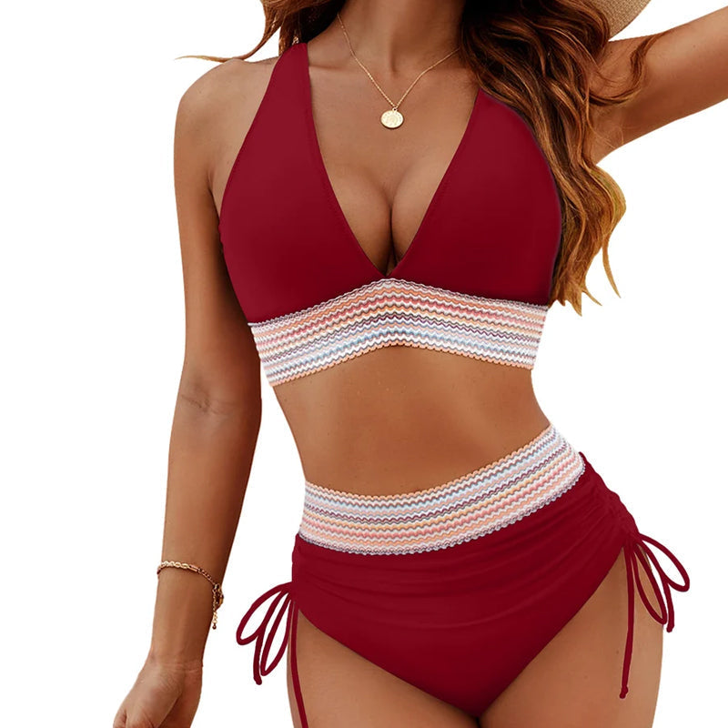 ☀️Begrænset tidsferietilbud🏖️High talje bikini-sæt i mavekontrollerende farver Color Block Bikini Set
