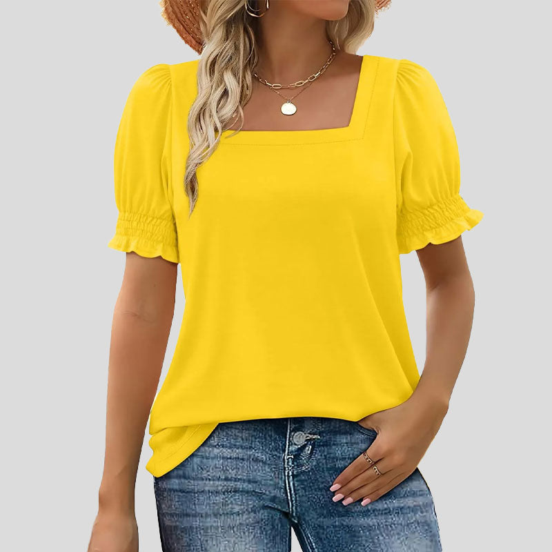 ⏳Begrænset tidsbegrænset sal🌸Kvinders firkantede halsudskæring Smocked ærmer T-shirt Casual Topi