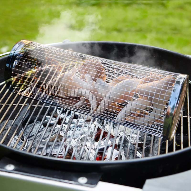 Udendørs rullende grillkurv i rustfrit stål