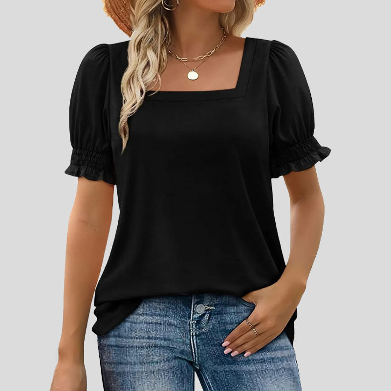 ⏳Begrænset tidsbegrænset sal🌸Kvinders firkantede halsudskæring Smocked ærmer T-shirt Casual Topi