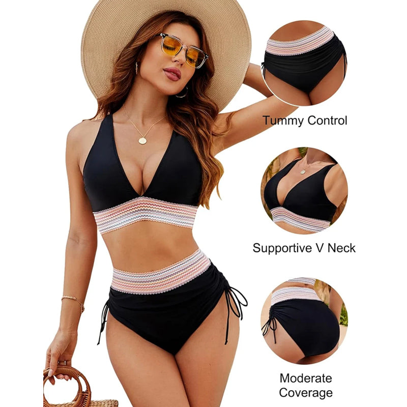 ☀️Begrænset tidsferietilbud🏖️High talje bikini-sæt i mavekontrollerende farver Color Block Bikini Set