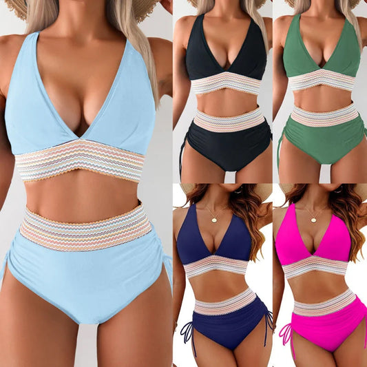 ☀️Begrænset tidsferietilbud🏖️High talje bikini-sæt i mavekontrollerende farver Color Block Bikini Set