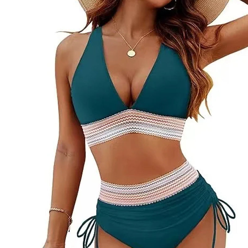 ☀️Begrænset tidsferietilbud🏖️High talje bikini-sæt i mavekontrollerende farver Color Block Bikini Set