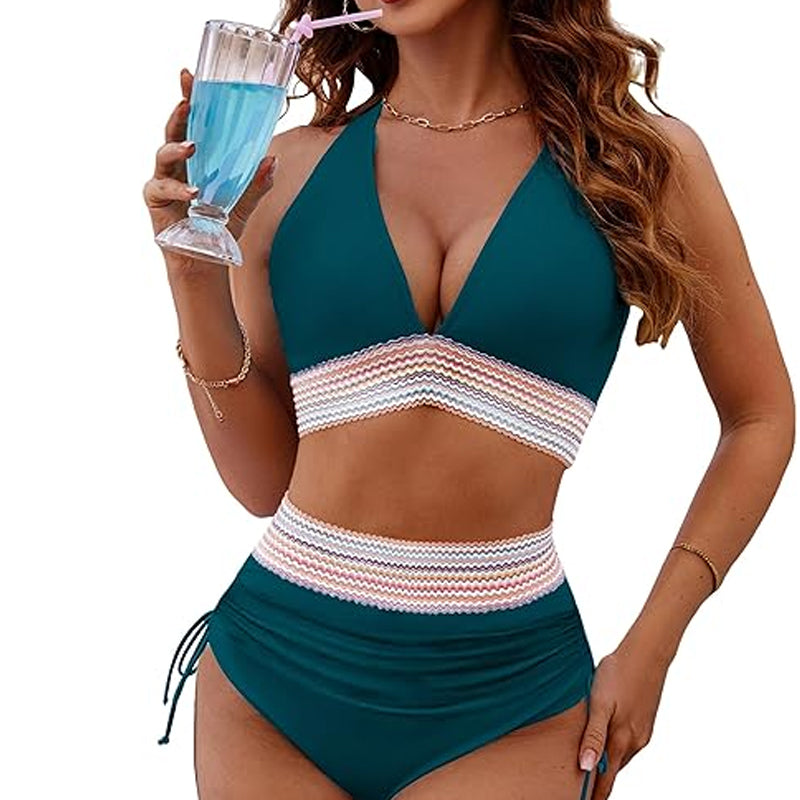 ☀️Begrænset tidsferietilbud🏖️High talje bikini-sæt i mavekontrollerende farver Color Block Bikini Set