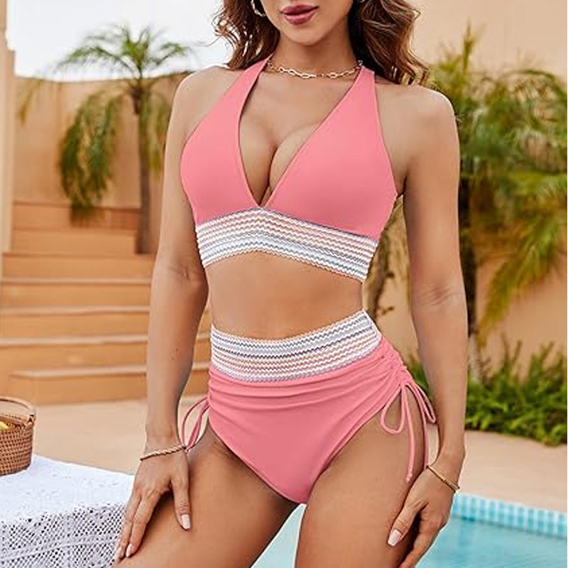 ☀️Begrænset tidsferietilbud🏖️High talje bikini-sæt i mavekontrollerende farver Color Block Bikini Set