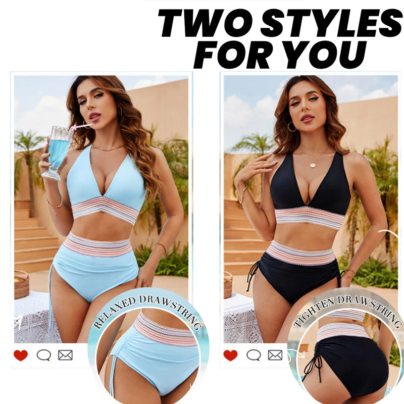 ☀️Begrænset tidsferietilbud🏖️High talje bikini-sæt i mavekontrollerende farver Color Block Bikini Set