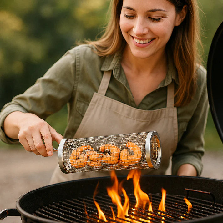 Udendørs rullende grillkurv i rustfrit stål