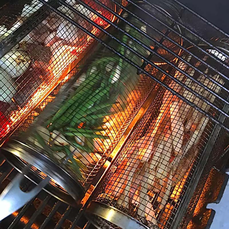 Udendørs rullende grillkurv i rustfrit stål