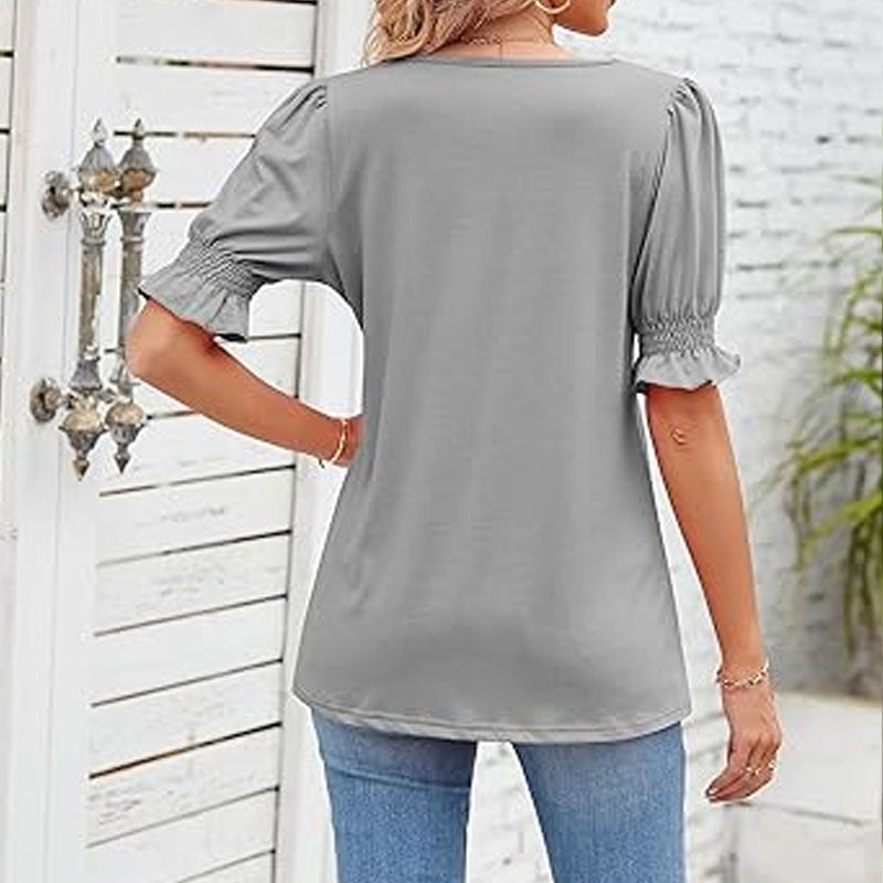 ⏳Begrænset tidsbegrænset sal🌸Kvinders firkantede halsudskæring Smocked ærmer T-shirt Casual Topi