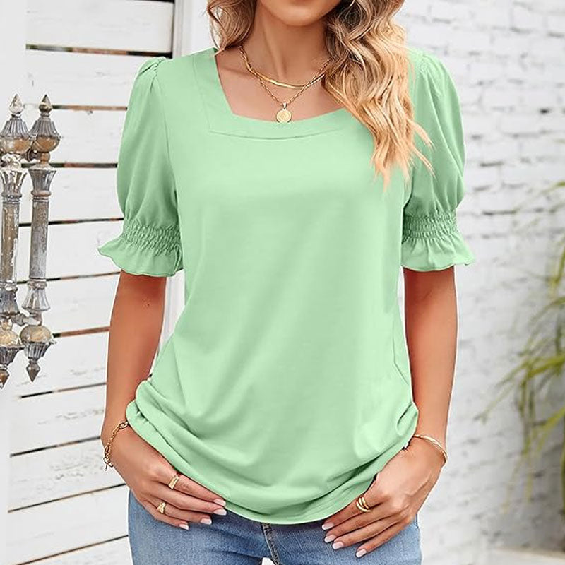 ⏳Begrænset tidsbegrænset sal🌸Kvinders firkantede halsudskæring Smocked ærmer T-shirt Casual Topi