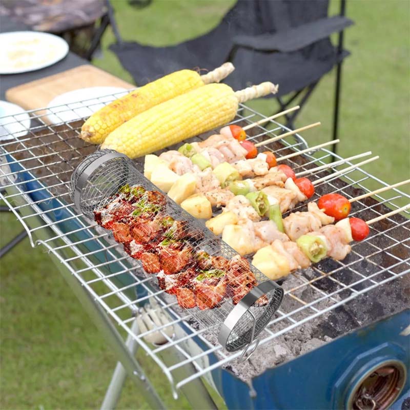 Udendørs rullende grillkurv i rustfrit stål
