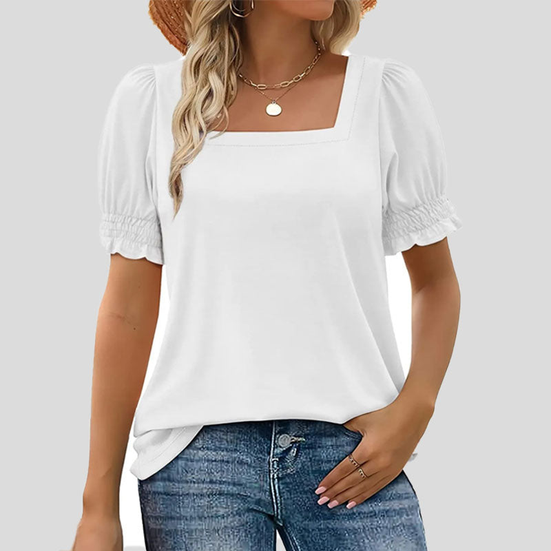 ⏳Begrænset tidsbegrænset sal🌸Kvinders firkantede halsudskæring Smocked ærmer T-shirt Casual Topi