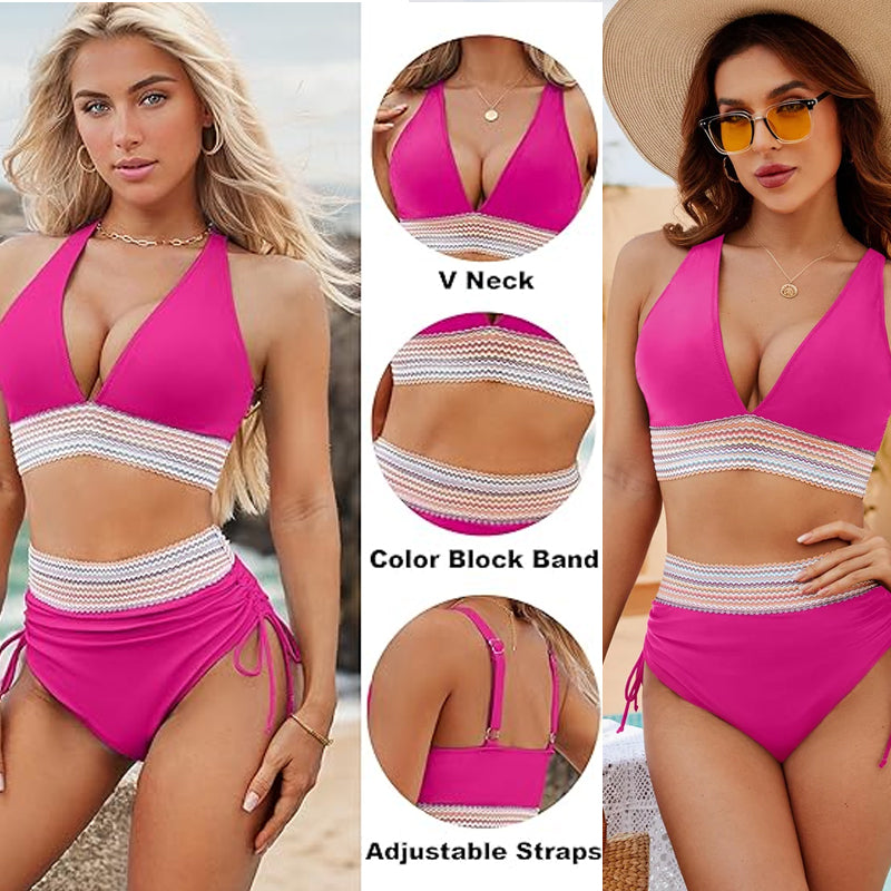 ☀️Begrænset tidsferietilbud🏖️High talje bikini-sæt i mavekontrollerende farver Color Block Bikini Set